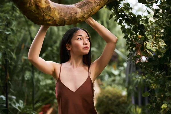 Портрет затишної брюнетки, яка позує на тлі тропічного дерева — стокове фото