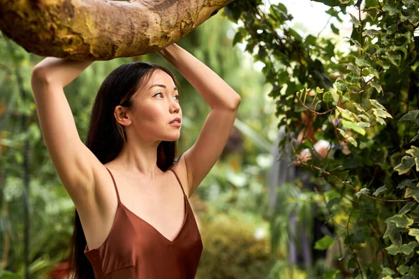 Senhora morena com beleza natural posando na floresta tropical, perto da árvore — Fotografia de Stock