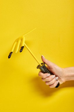 Bahçe aletlerini tutan kadın eller kürek ve sarı bahçıvanlık için tırmık.