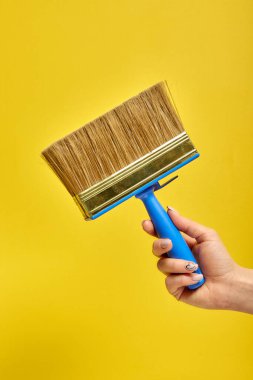 Kırpılmış beyaz erkek eli yeni kullanılmamış geniş bir fırça tutuyor.