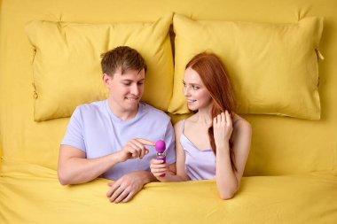 Beautiful Caucasian Couple Using Dildo During Sex, New Sex Toy in Hands
