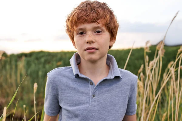 9-летний мальчик на улице, в поле, на природе, смотрит на камеру, позирует — стоковое фото