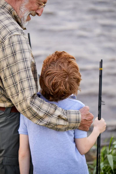 Rear View On Friendly Awesome Caucasian Child Boy Came To Fish With Grandfather — Stockfoto