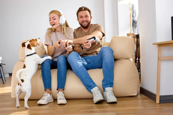 Alegre pareja jugando videojuegos, sosteniendo controladores remotos, sentado en un sofá acogedor — Foto de Stock