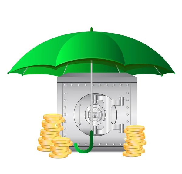 Зонтики и банковские сейфы и монеты — стоковый вектор