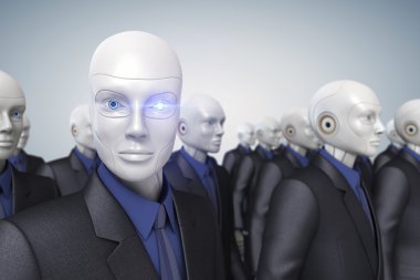 Cyber işçiler. Robotlar bir iş takım elbise giymiş