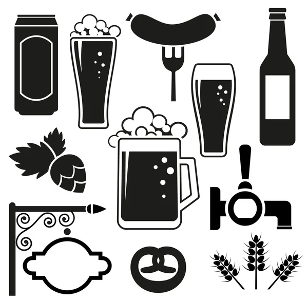 Bier vector pictogrammen instellen (hop blad, glas, kan, mok, fles) — Stockvector