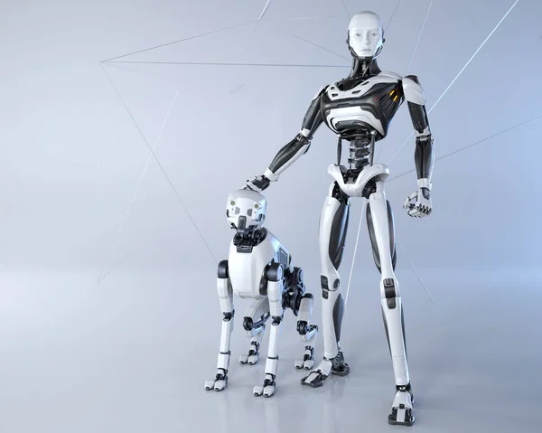 Robot and his dog posing on a light gray background. 3D illustration
