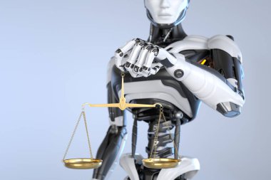Robot androidin elinde adalet terazisi var. 3B illüstrasyon