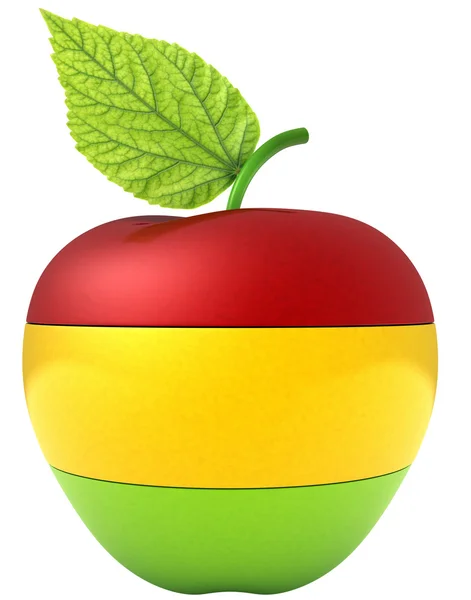 Apple divided into three multi-coloured parts — Stock Photo, Image