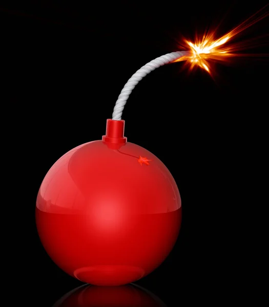 Bombe rouge avec allumette brûlante — Photo