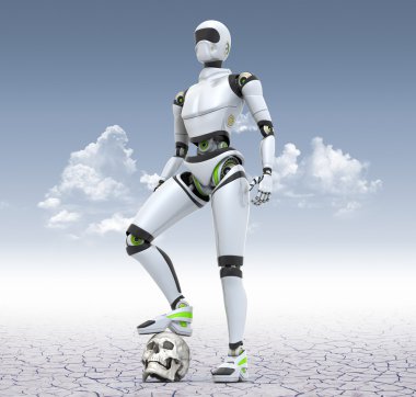 Robot ayakta kafatasındaki ayağı ile çölde