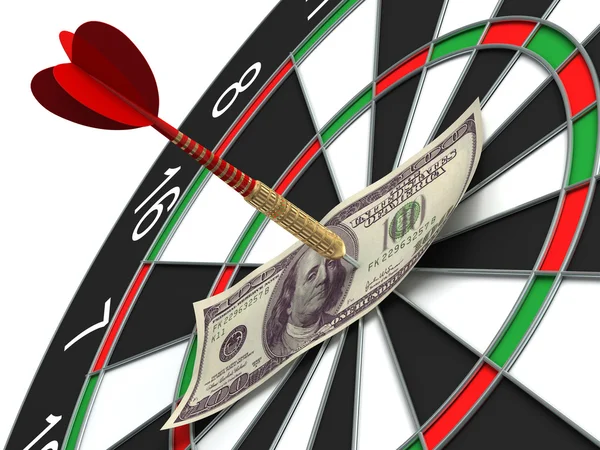 Darts target and 100 dollars in bull's-eye — Stock Photo, Image