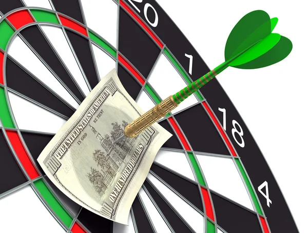 Darts target and 100 dollars in bull's-eye — Stock Photo, Image