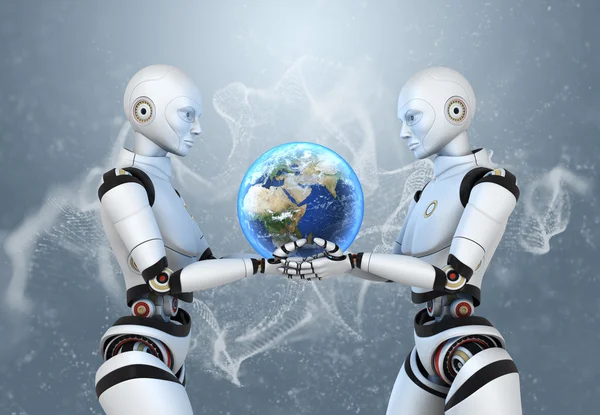 两个半机器人，他们手里拿着的地球 — 图库照片