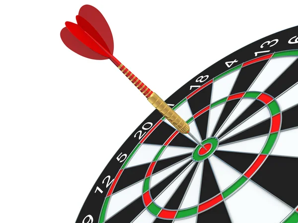Red Darts arrow in bullseye. — Stock Photo, Image
