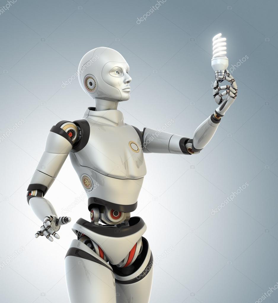 Robot holds an energy saving lamp 