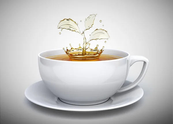 Splash of the tea in form of a plant in white cup — Stock Photo, Image