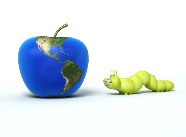 Solucan ve apple ile Earth harita — Stok fotoğraf