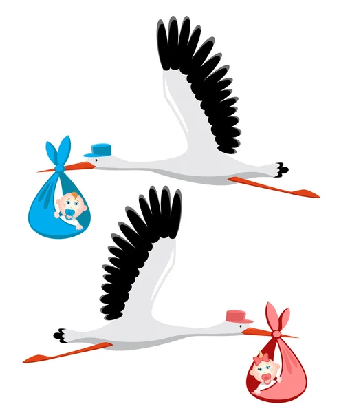 Stork delivering a newborn baby girl and boy — Stock Vector