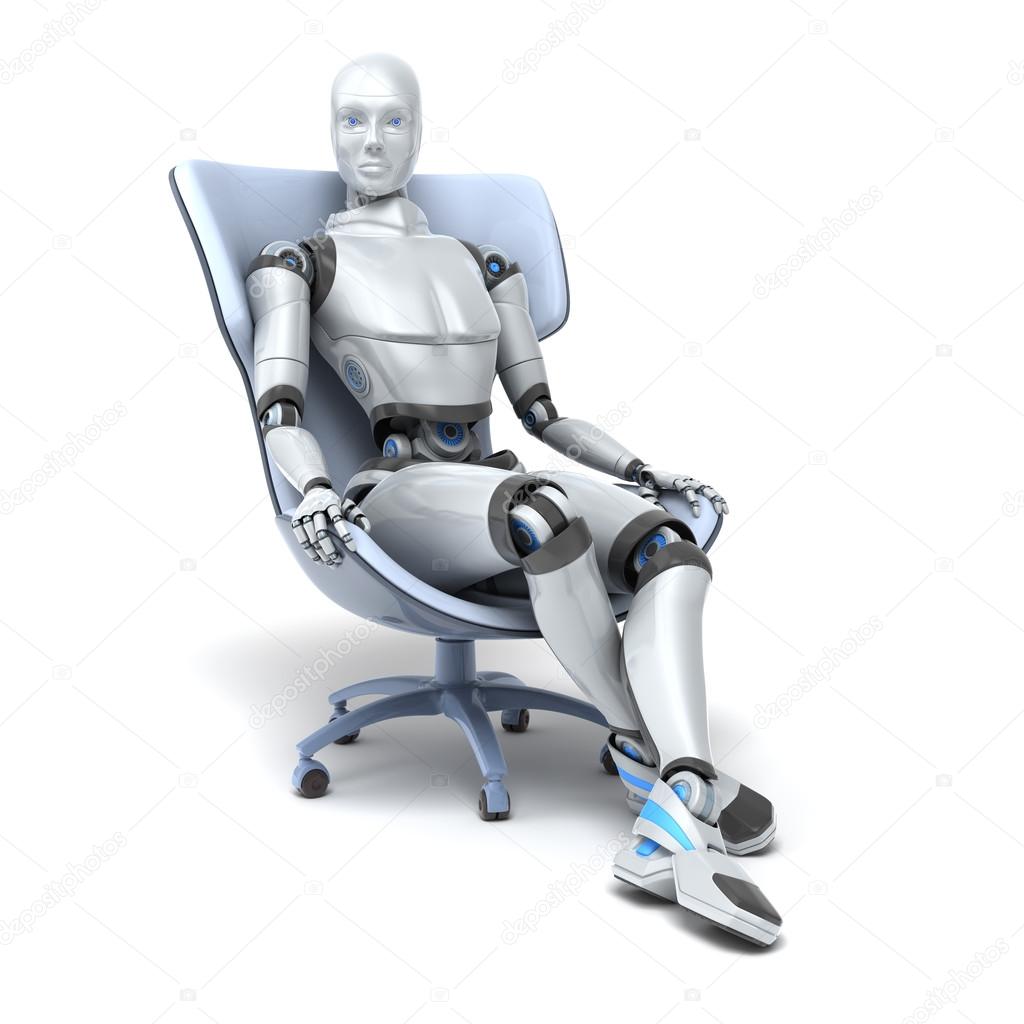 Android sits in a chair
