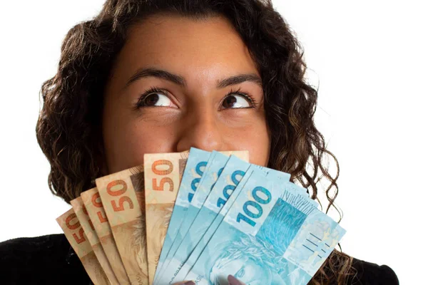 Чорна Жінка Тримає Велику Суму Грошей Багато Грошей Бразилії — стокове фото