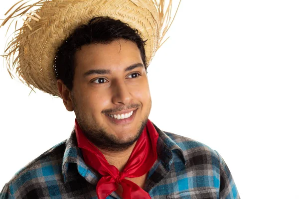 Seitenansicht Von Cheerful Guy Traditioneller Karierter Kleidung Der Zur Seite — Stockfoto