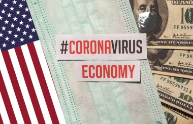 Corona virüsünün Avrupa ekonomisi ve Amerikan ekonomisi üzerinde etkisi, tıbbi maske ve metin ile banknotlar