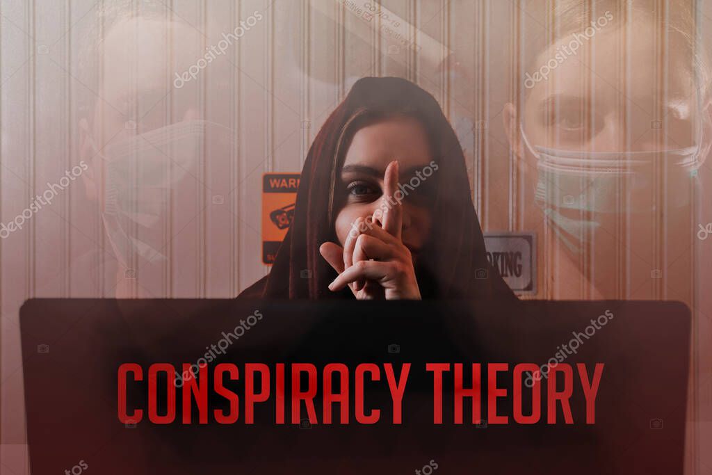 Mujer misteriosa gesto compuesto con la teoría de la conspiración de
