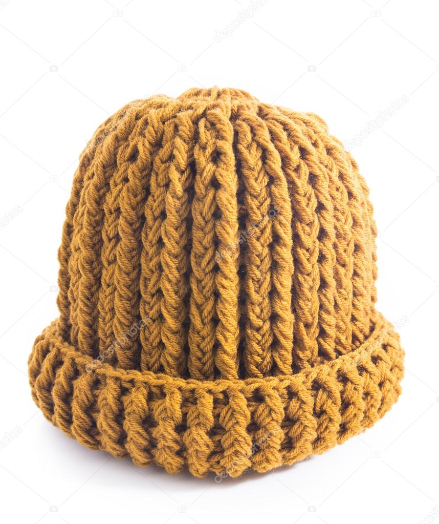 Yellow knitted wool hat isolated on white background