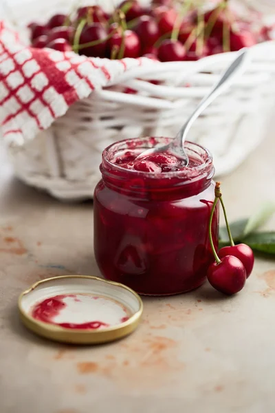 Cherry jam in a jar — Stock Photo, Image