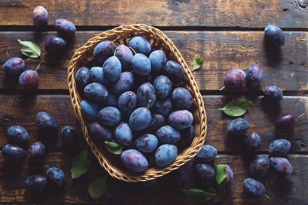 Prunes fraîches dans le panier — Photo