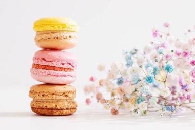 Tatlı. Tatlı renkli badem kurabiyeleri, badem kurabiyeleri ve çıngıraklı yılan çiçekleri..