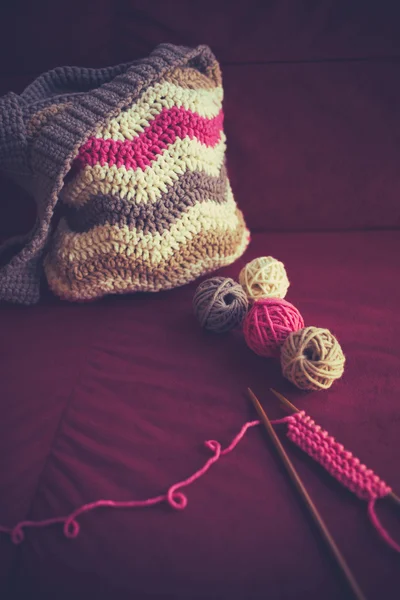 Handmade bag with balls of wool — Stock Photo, Image