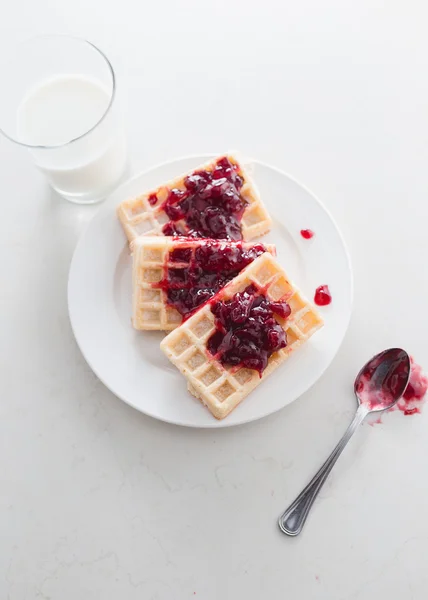 Waffles with cherry jam — Stock Photo, Image