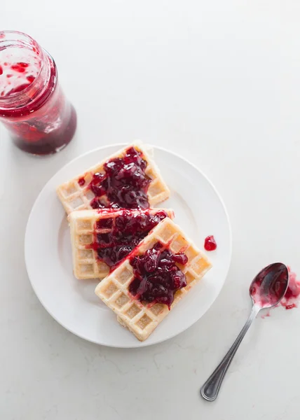 Waffles with cherry jam — Stock Photo, Image