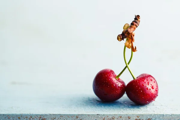 Cherries with stems and water droplets — Stock Photo, Image