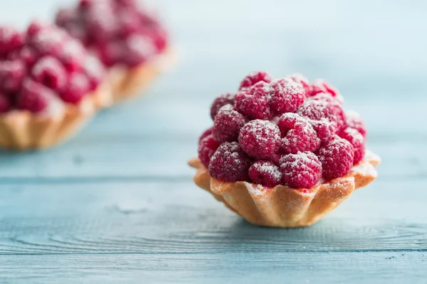 Raspberry tartlets dusted with icing sugar — Stock Photo, Image