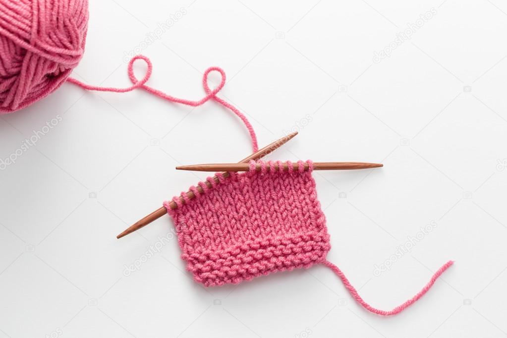 knitting project with wooden needles