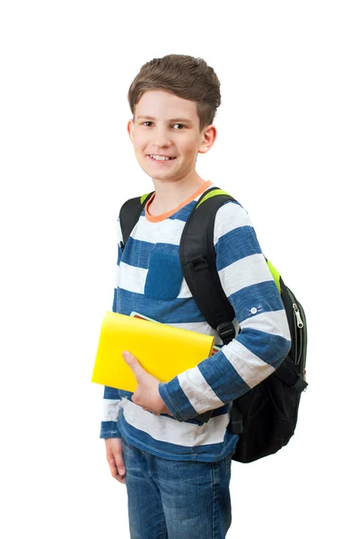 Bir okul çocuğu kitap ve sırt çantası ile — Stok fotoğraf