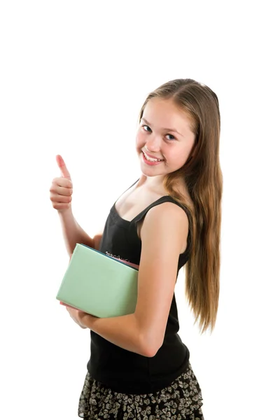 Ragazza con libri dando pollice in su — Foto Stock