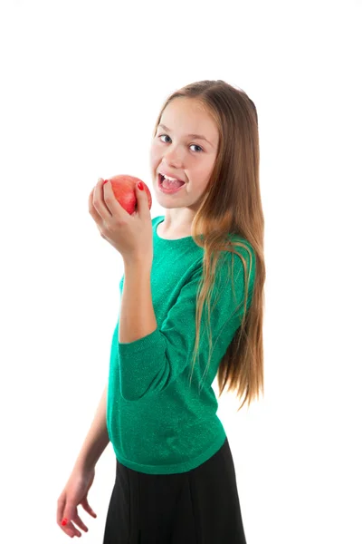 Girl with a red apple — Stock Photo, Image