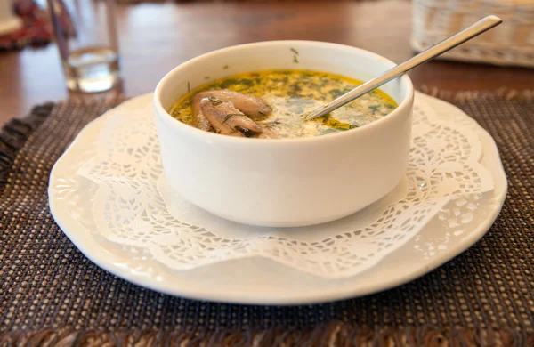 Plate of meat soup with quail — Stock Photo, Image