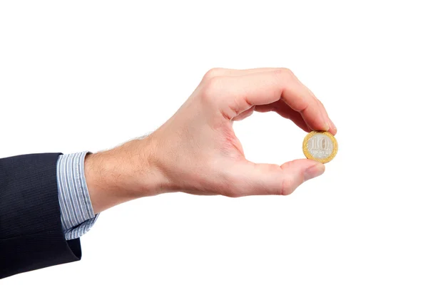 Russian coin in man's hand — Stock Photo, Image