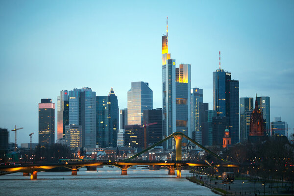 FRANKFURT, GERMANY - JAN 11, 2015: Skyscrapers of Frankfurt am Mine at evening time, Germany