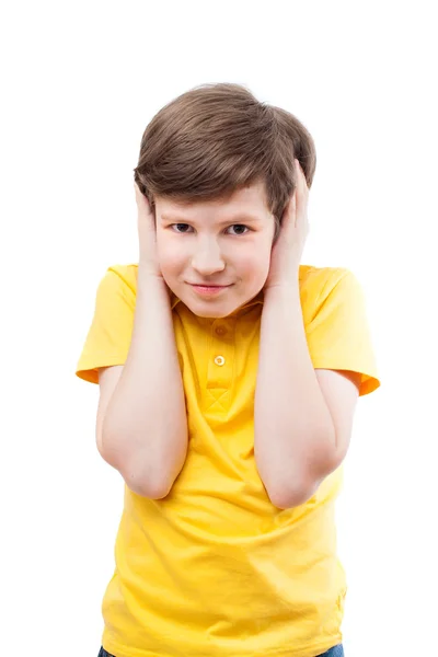 Boy  shuts his ears by hands — Stock Photo, Image