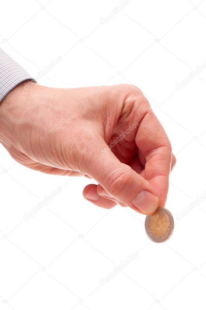 Оценщик золотых монет. Пятак в руке. Подать монетку. На монете женщина протягивает руки. Милостыня.