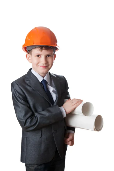 Arquitecto niño en hardhat con planos — Foto de Stock