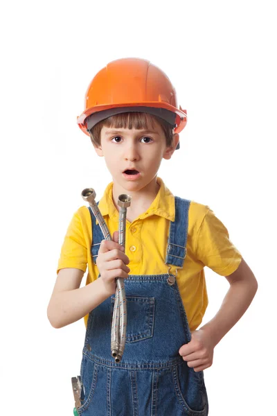 Surpreendido trabalhador da construção menino — Fotografia de Stock