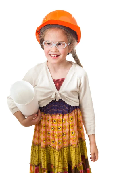 Girl in the helmet holds a roll — Stock Photo, Image